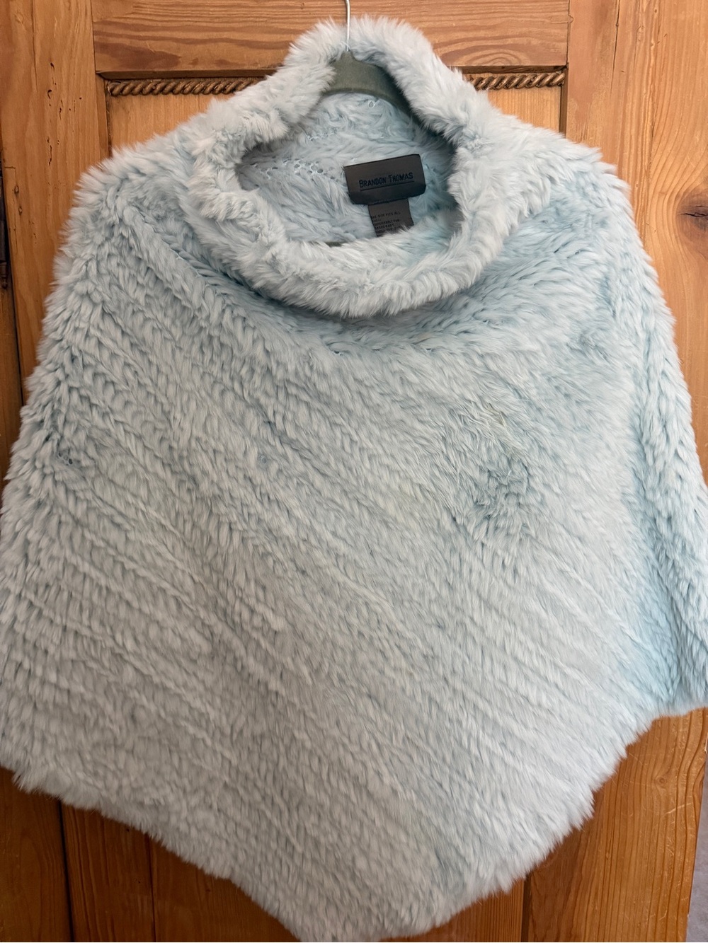 Brandon Thomas Pale Blue Rabbit Fur Poncho with Cowl Neck